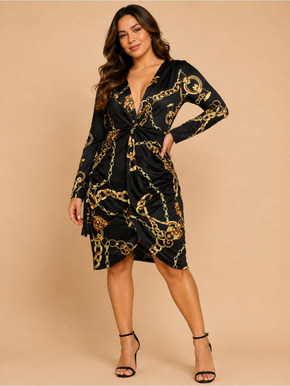 Gold Chain Print Black Knot Front Dress - Picture 1 of 2